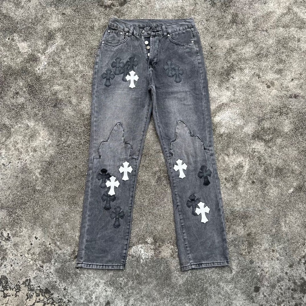 Chrome Hearts Gray Jeans with White and Black Crosses